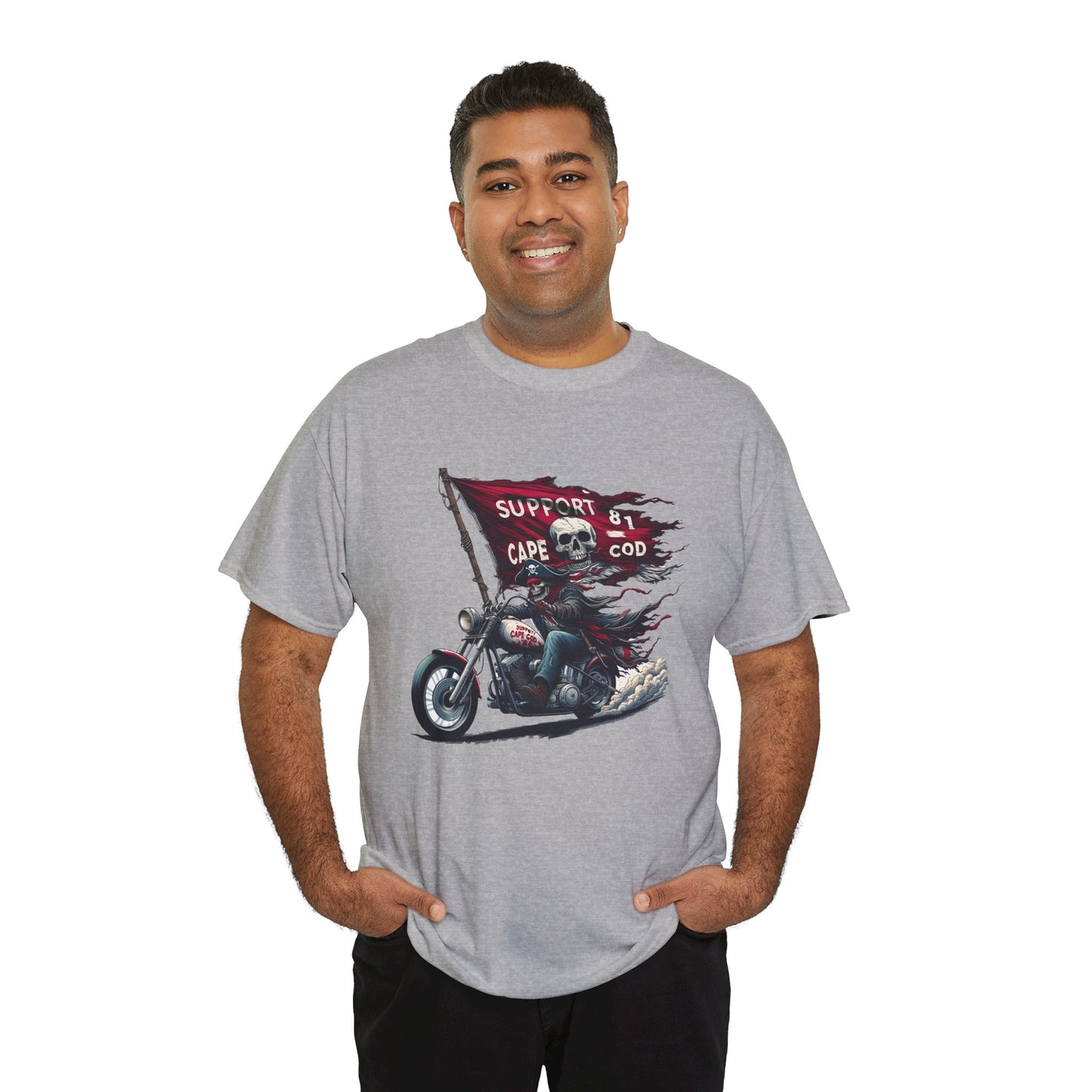 Cape Cod Pirate Rider Motorcycle Support Tee - Unisex Heavy Cotton T-Shirt